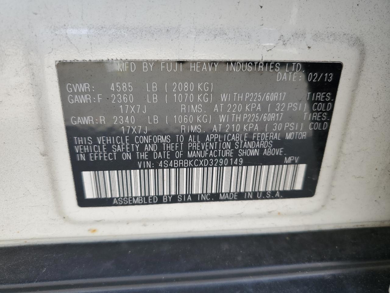 2013 Subaru Outback 2.5I Limited VIN: 4S4BRBKCXD3290149 Lot: 63300364