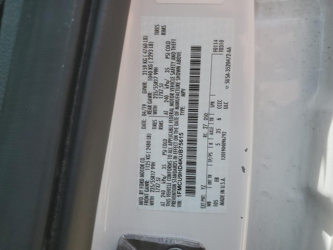 2019 Ford Escape Sel VIN: 1FMCU9HD4KUB75615 Lot: 63677434