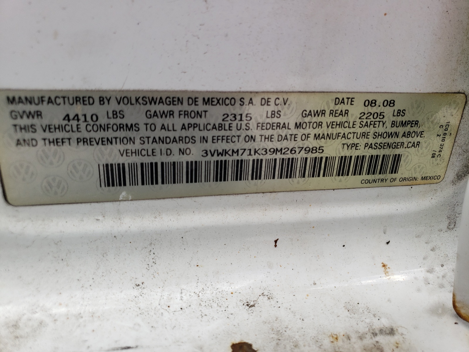 3VWKM71K39M267985 2009 Volkswagen Jetta S