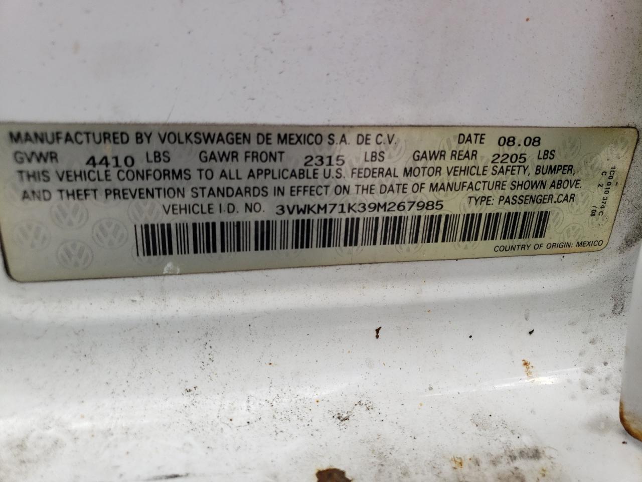 2009 Volkswagen Jetta S VIN: 3VWKM71K39M267985 Lot: 63438214