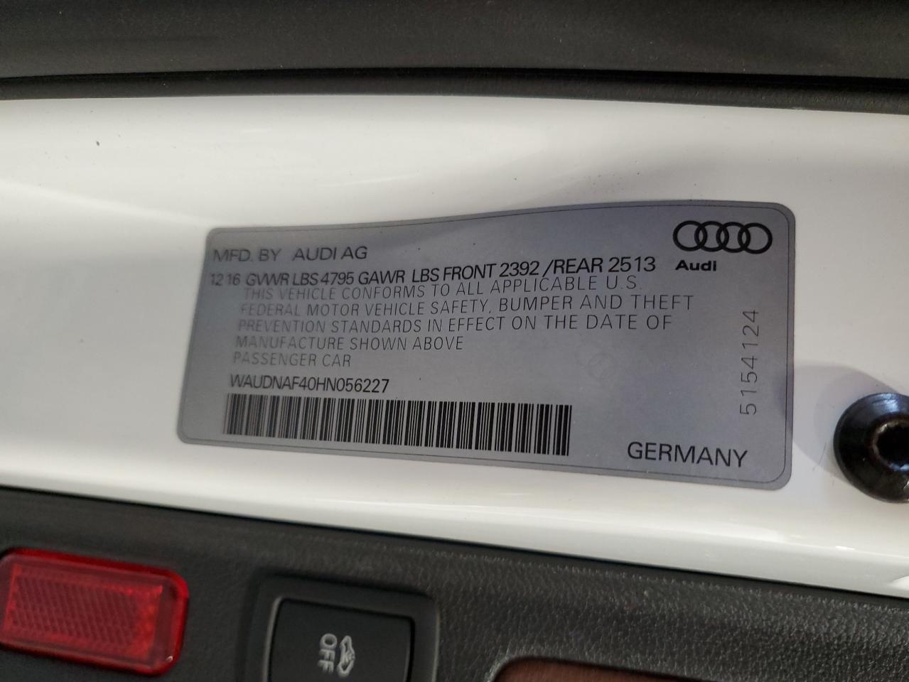 2017 Audi A4 Premium VIN: WAUDNAF40HN056227 Lot: 62909644