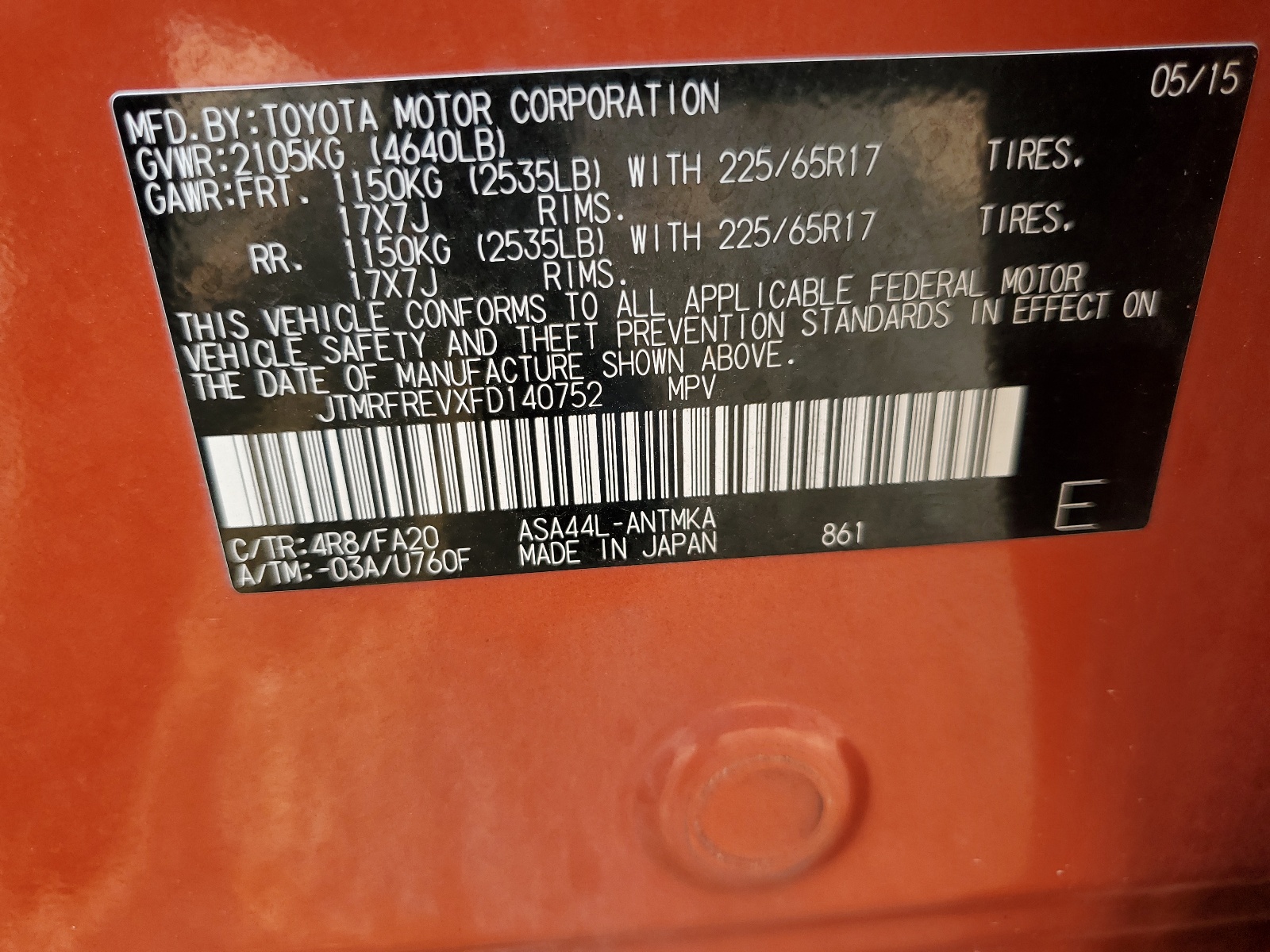 JTMRFREVXFD140752 2015 Toyota Rav4 Xle