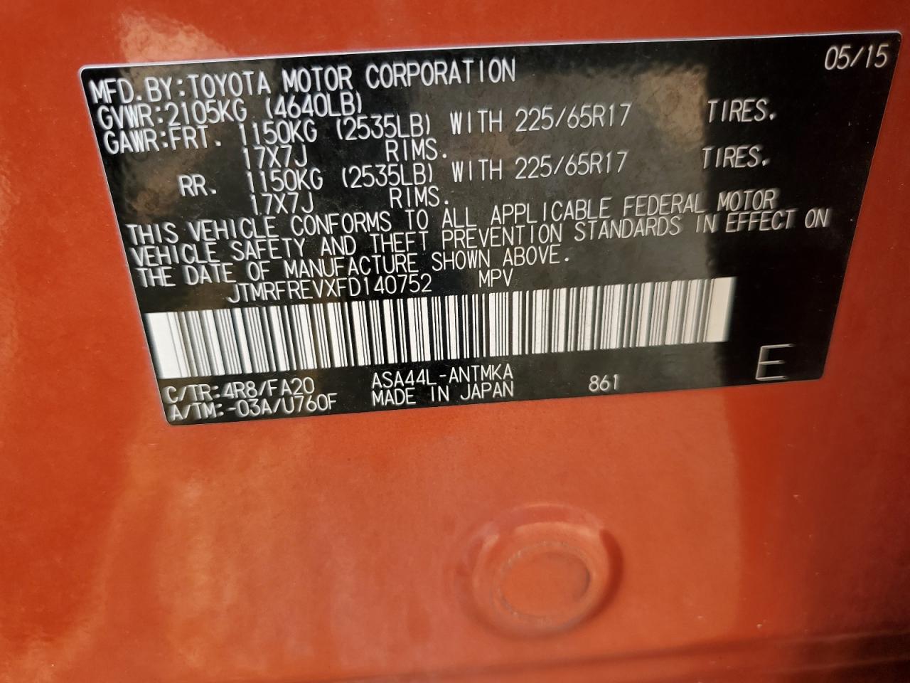 2015 Toyota Rav4 Xle VIN: JTMRFREVXFD140752 Lot: 63807584