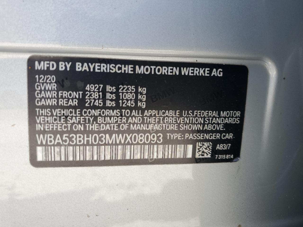2021 BMW 530 I VIN: WBA53BH03MWX08093 Lot: 63718834