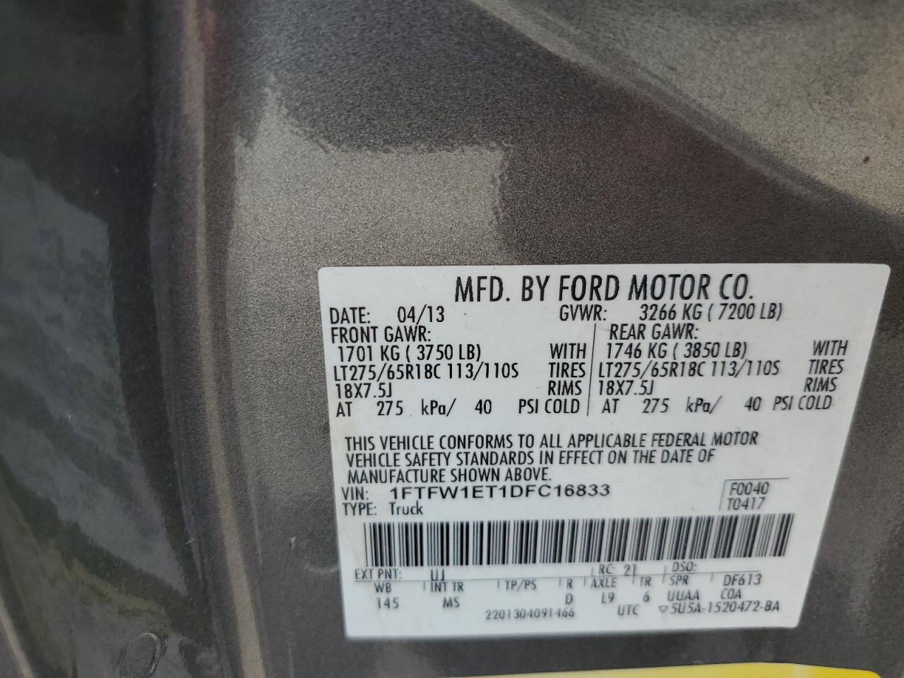 2013 Ford F150 Supercrew VIN: 1FTFW1ET1DFC16833 Lot: 91181475