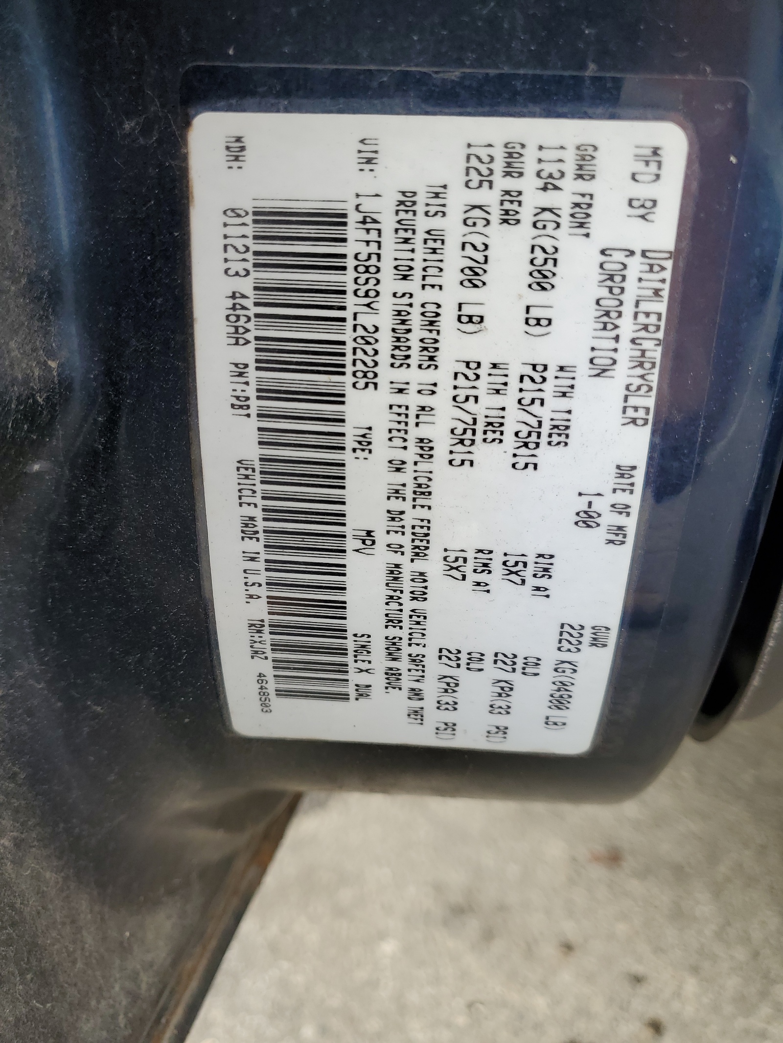 1J4FF58S9YL202285 2000 Jeep Cherokee Classic