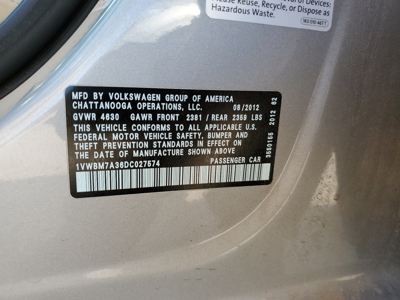 1VWBM7A36DC027574 2013 Volkswagen Passat Se