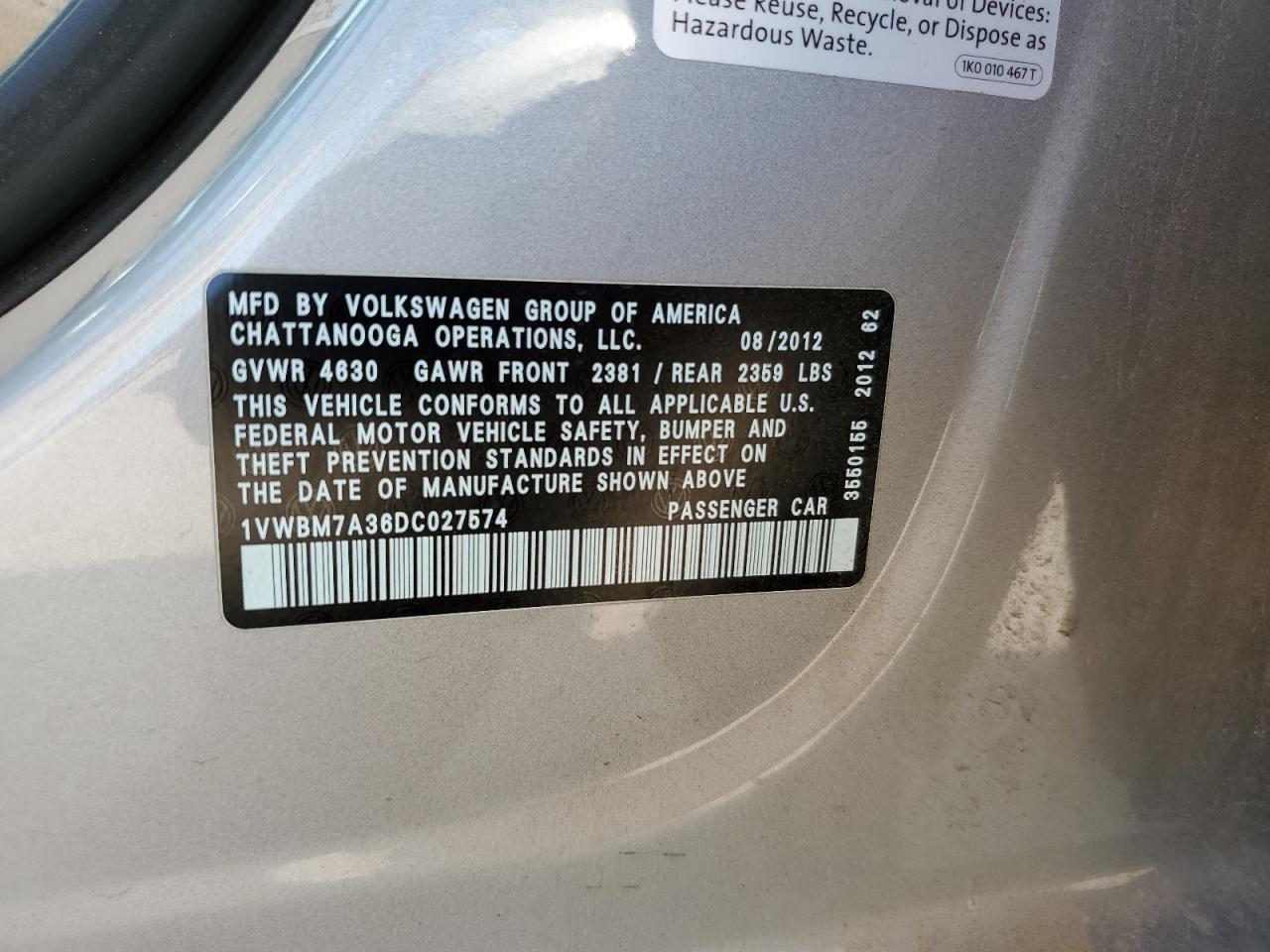 2013 Volkswagen Passat Se VIN: 1VWBM7A36DC027574 Lot: 64420544