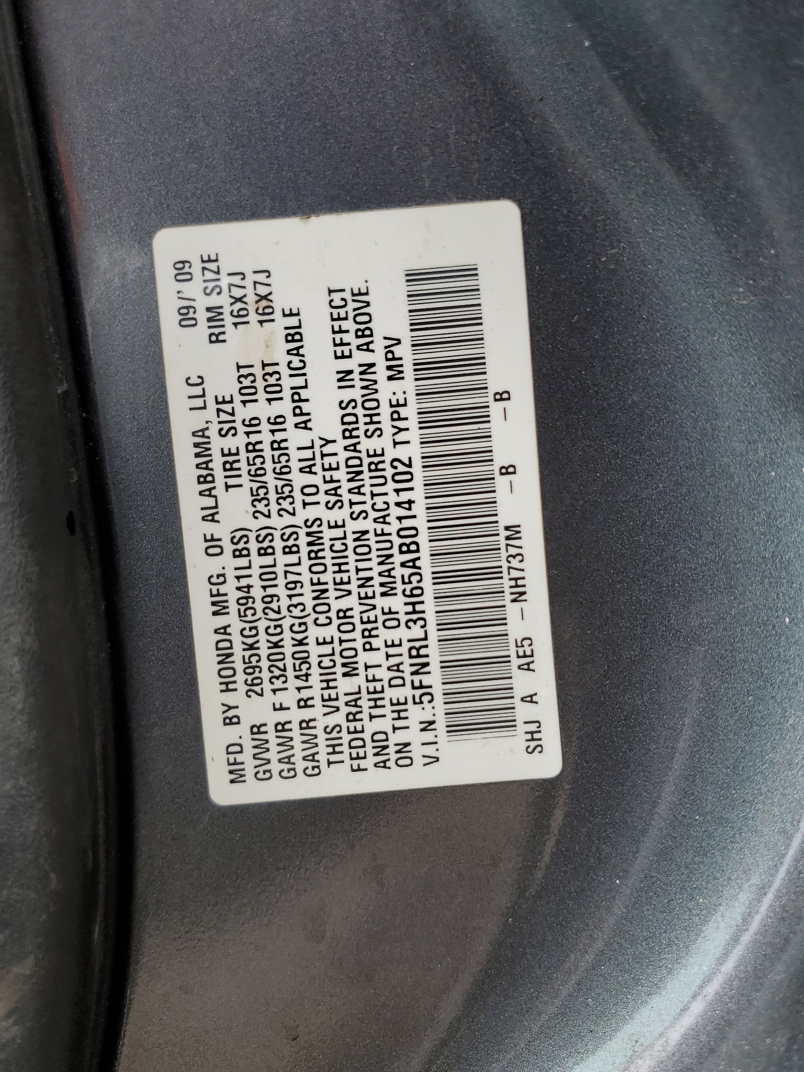 5FNRL3H65AB014102 2010 Honda Odyssey Exl