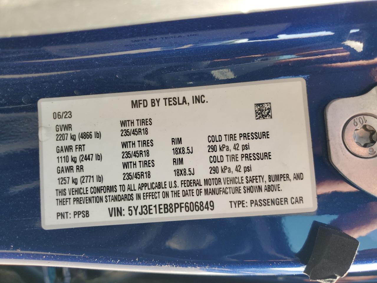 5YJ3E1EB8PF606849 2023 Tesla Model 3