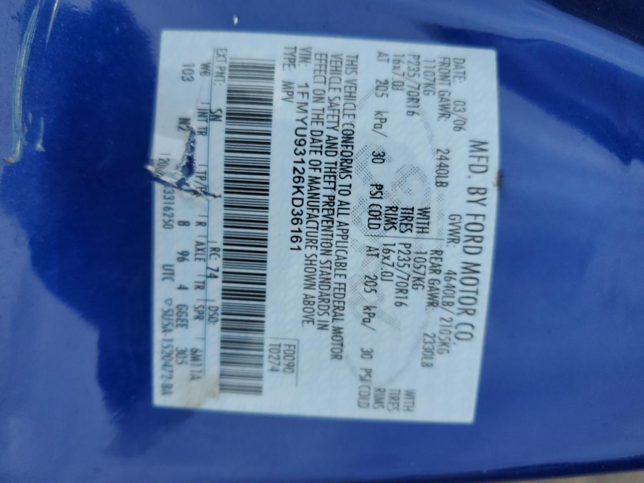 2006 Ford Escape Xlt VIN: 1FMYU93126KD36161 Lot: 64051814