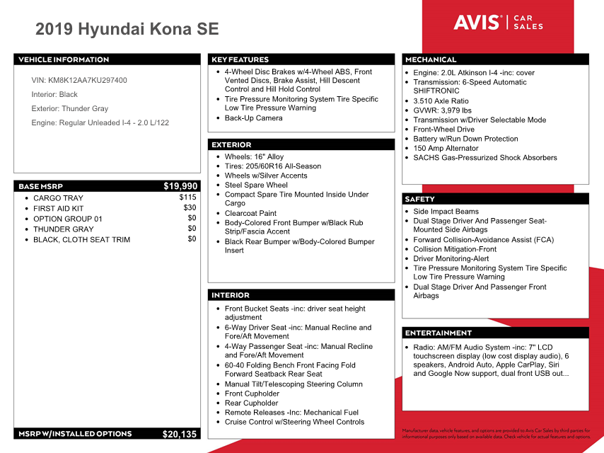 KM8K12AA7KU297400 2019 Hyundai Kona Se