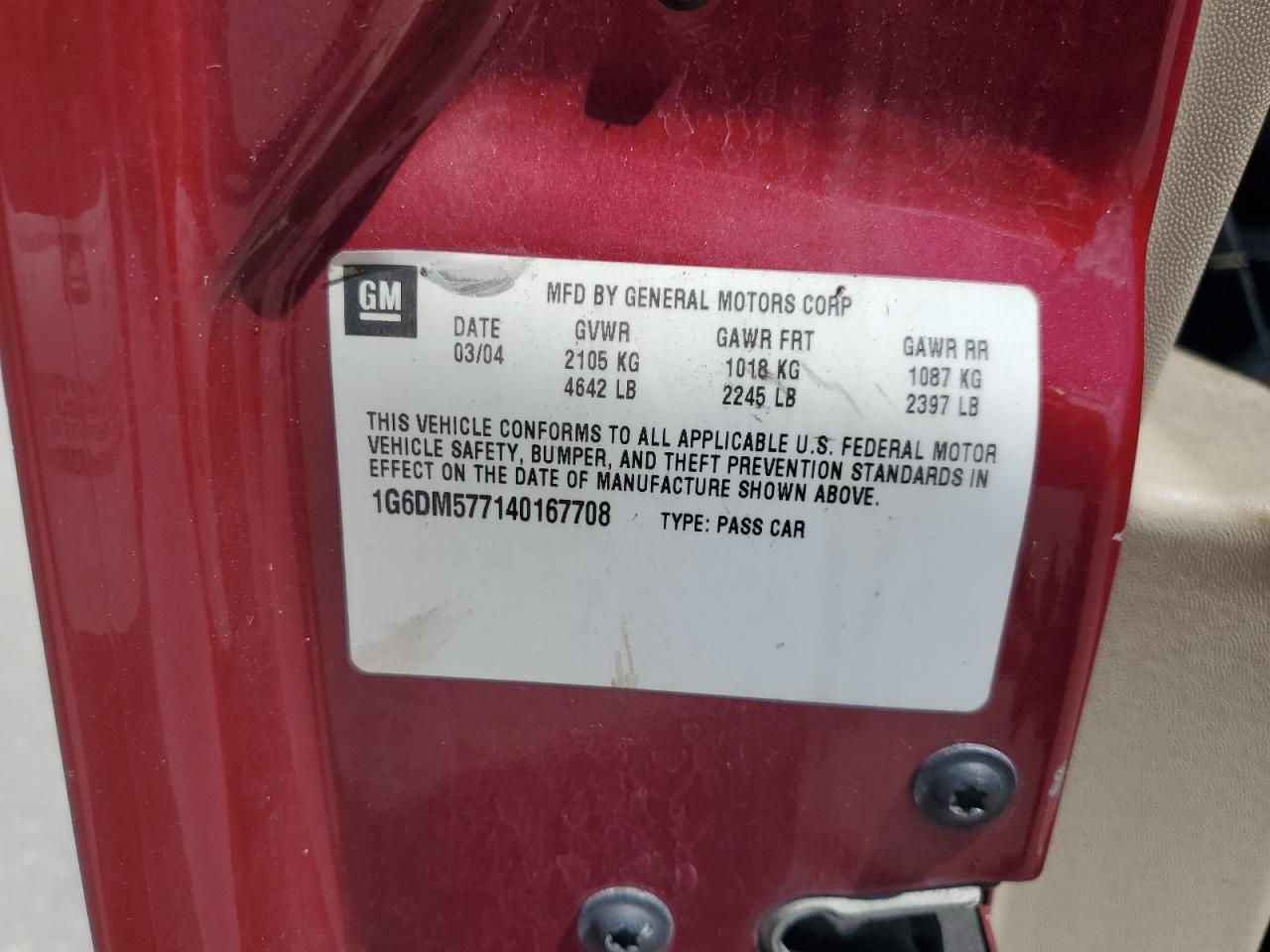 2004 Cadillac Cts VIN: 1G6DM577140167708 Lot: 63794254