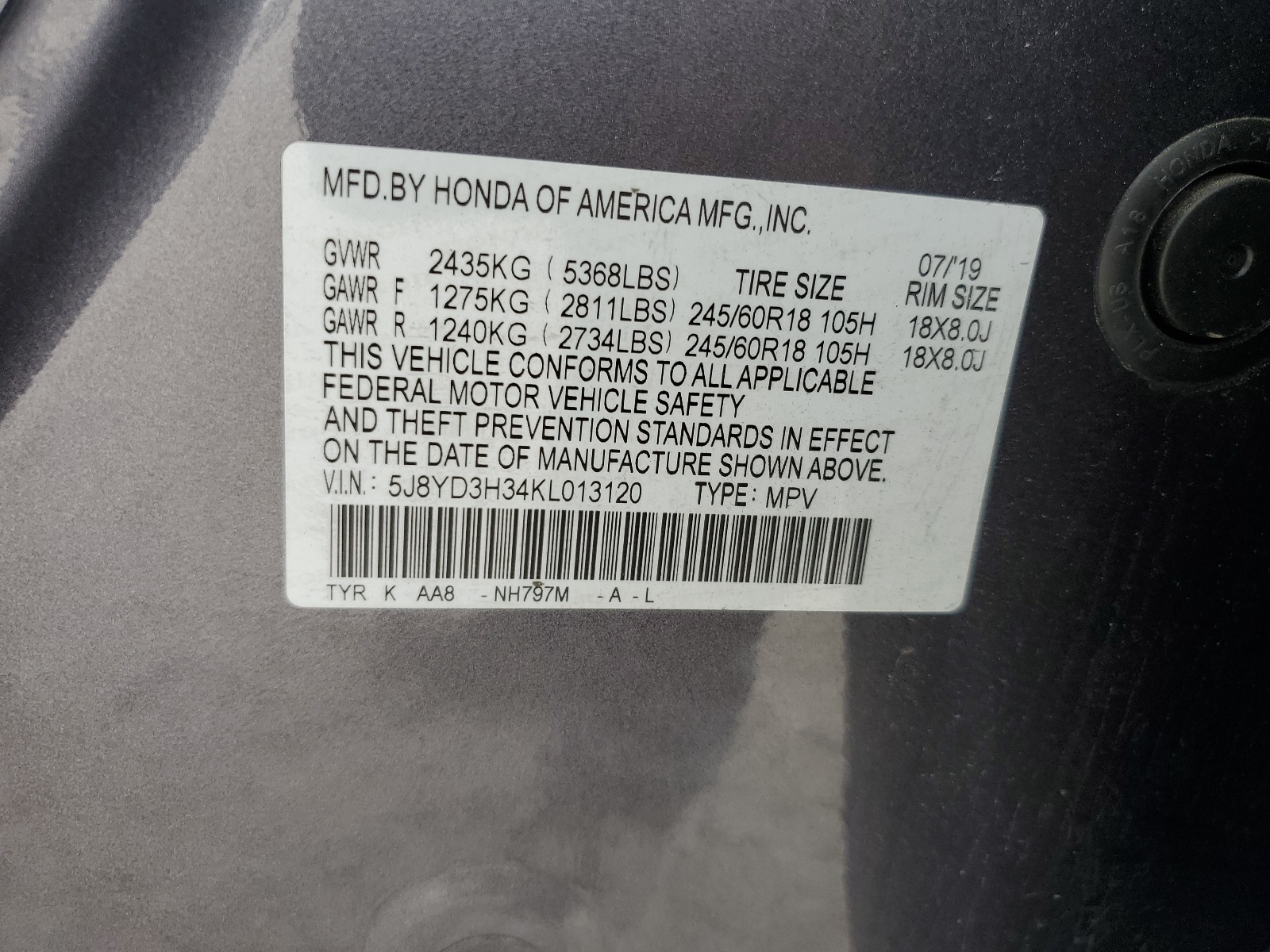 5J8YD3H34KL013120 2019 Acura Mdx
