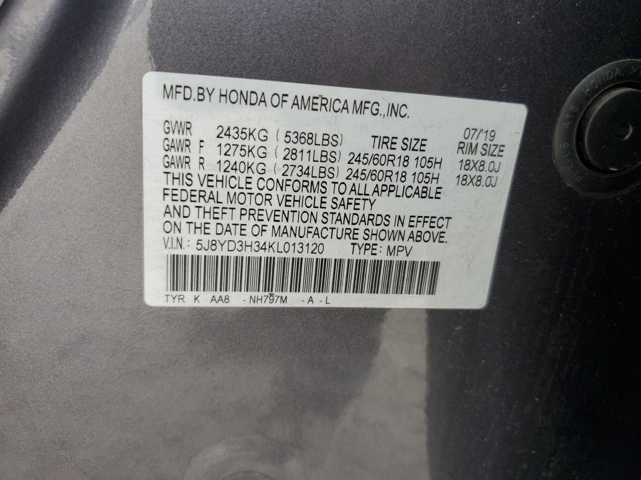 2019 Acura Mdx VIN: 5J8YD3H34KL013120 Lot: 63277184