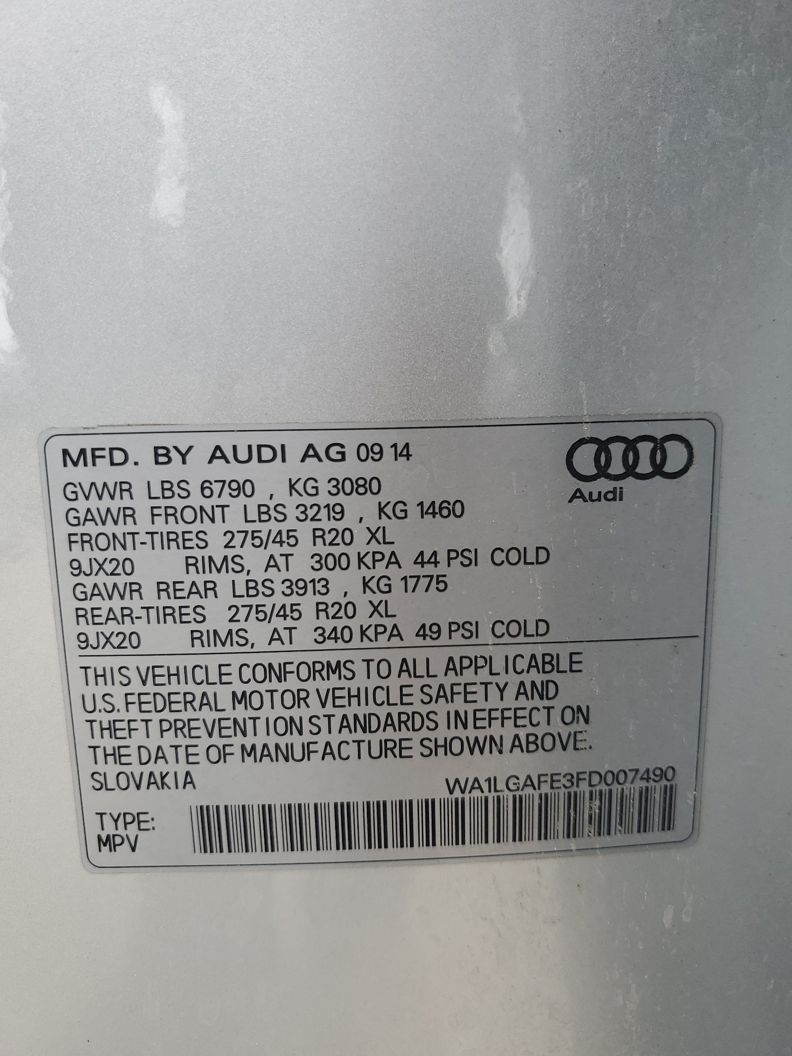 2015 Audi Q7 Premium Plus vin: WA1LGAFE3FD007490