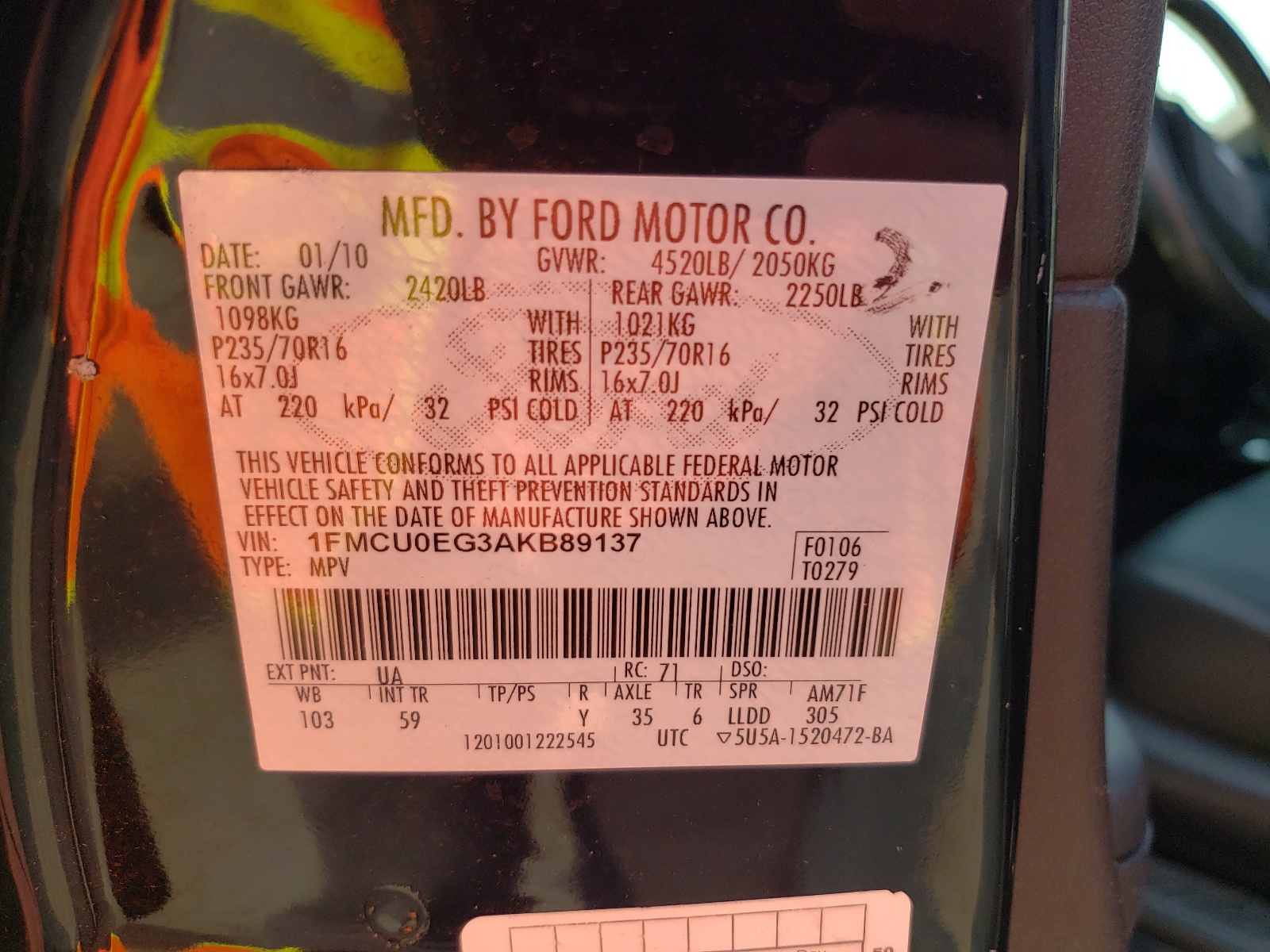 1FMCU0EG3AKB89137 2010 Ford Escape Limited