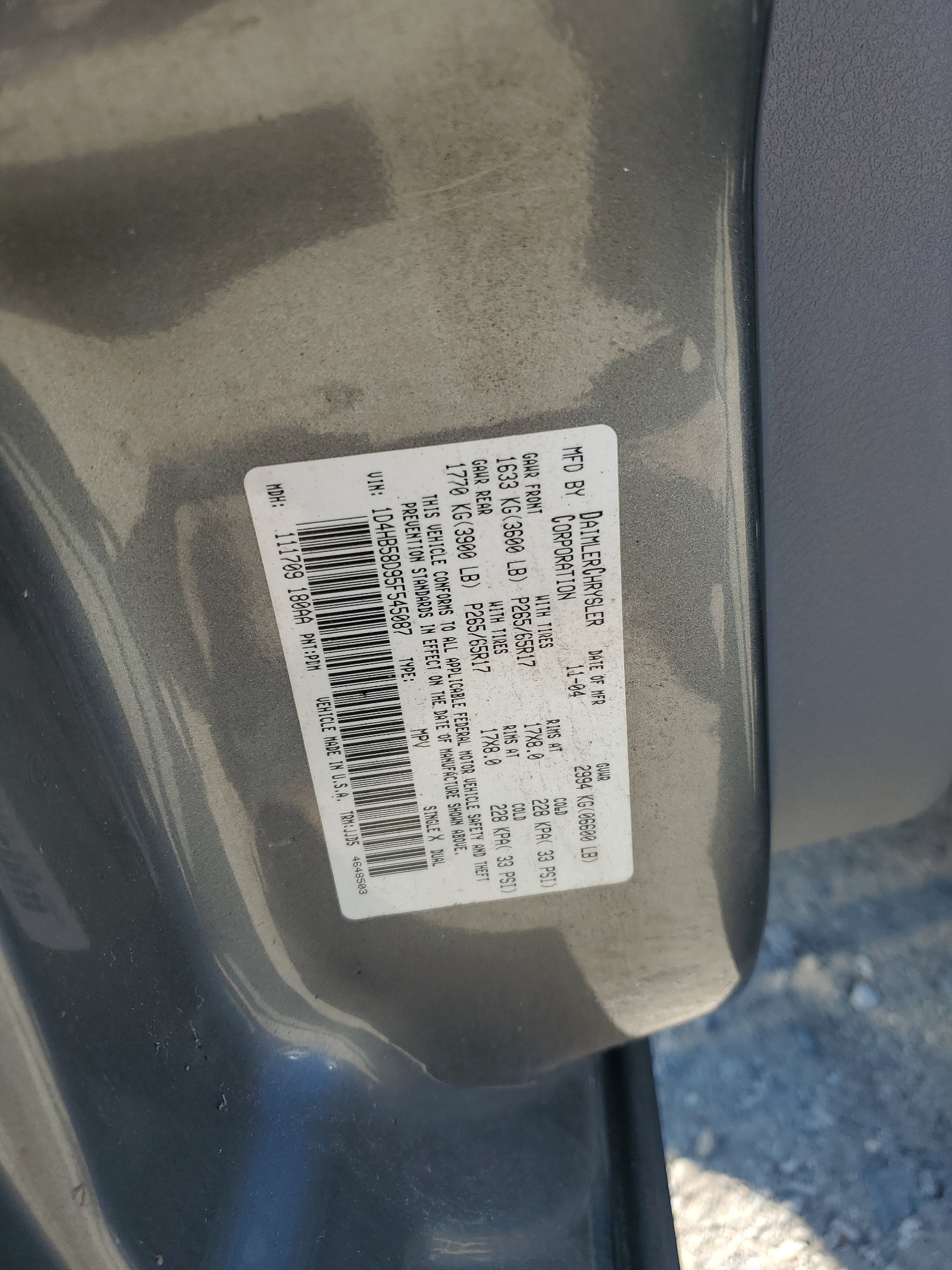 1D4HB58D95F545087 2005 Dodge Durango Limited