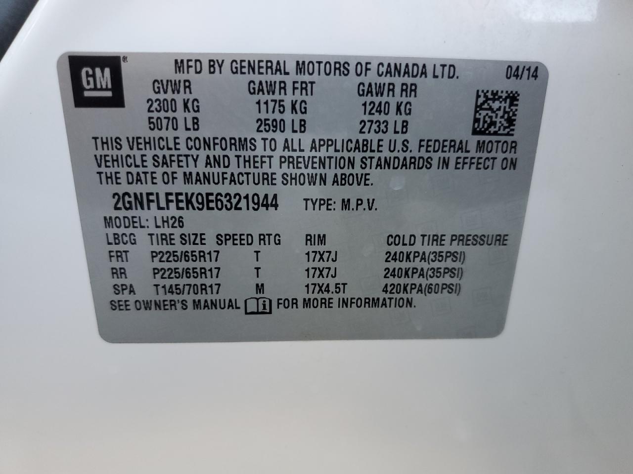 2GNFLFEK9E6321944 2014 Chevrolet Equinox Lt