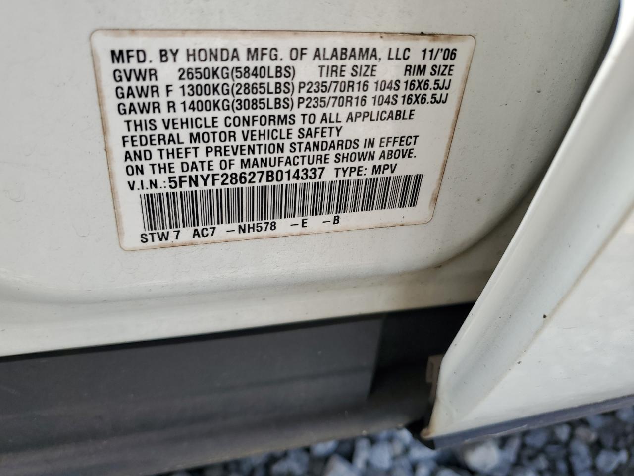 2007 Honda Pilot Exl VIN: 5FNYF28627B014337 Lot: 64654194