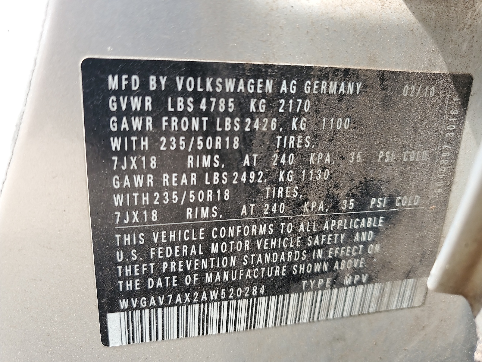 WVGAV7AX2AW520284 2010 Volkswagen Tiguan S