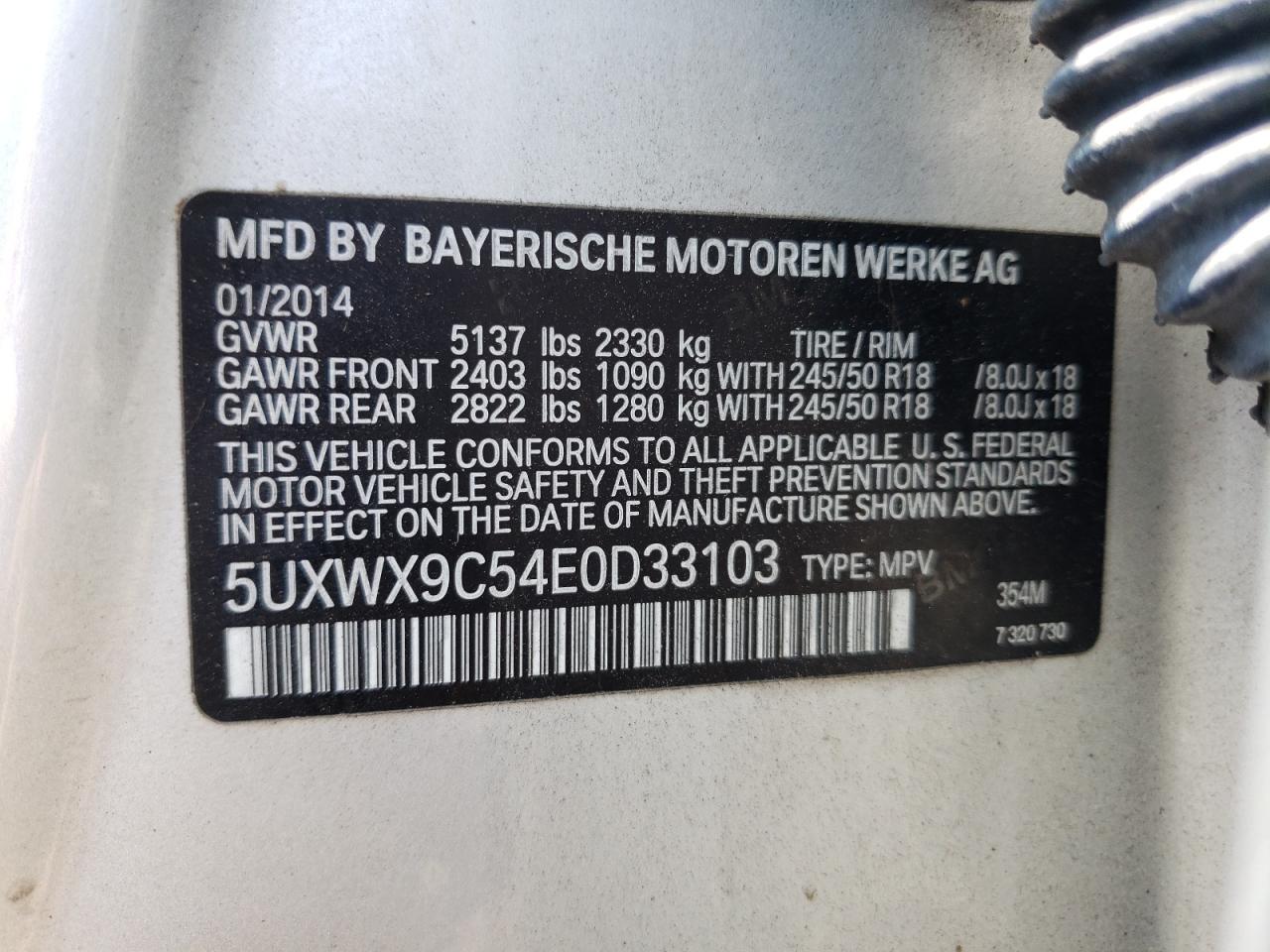 2014 BMW X3 xDrive28I VIN: 5UXWX9C54E0D33103 Lot: 64862114