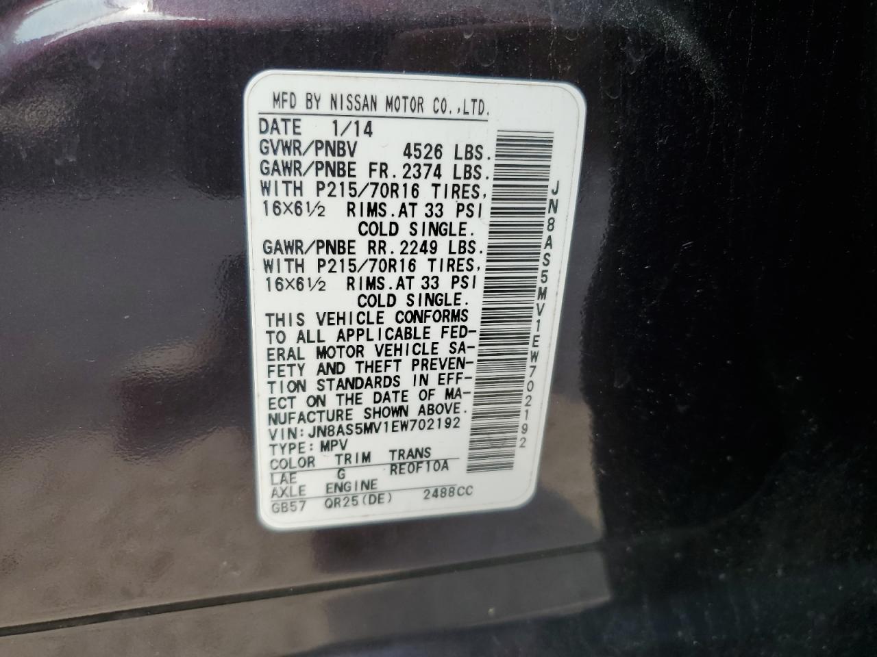 2014 Nissan Rogue Select S VIN: JN8AS5MV1EW702192 Lot: 62623214