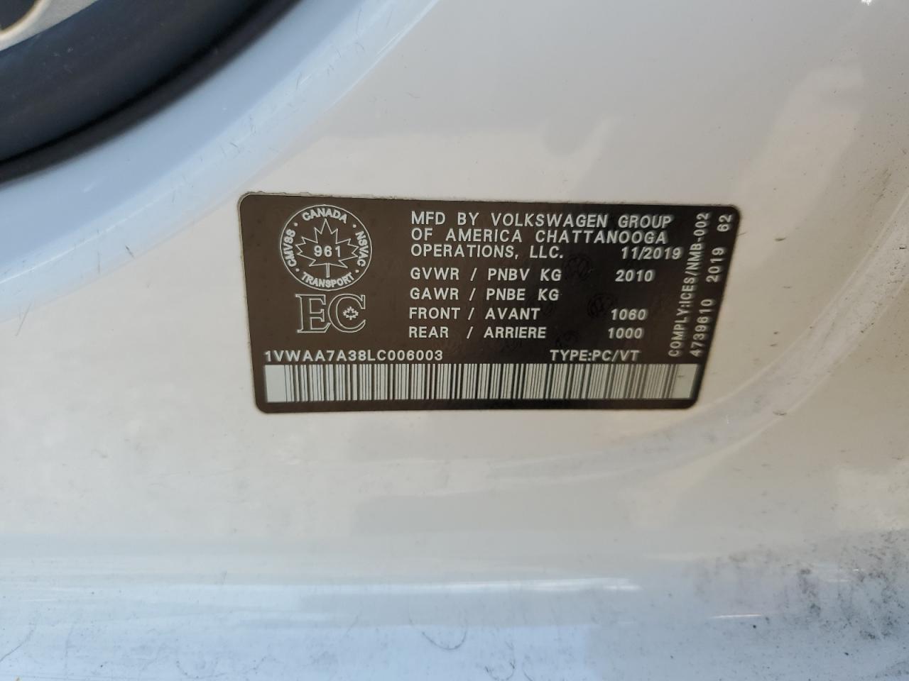 2020 Volkswagen Passat S VIN: 1VWAA7A38LC006003 Lot: 60131994