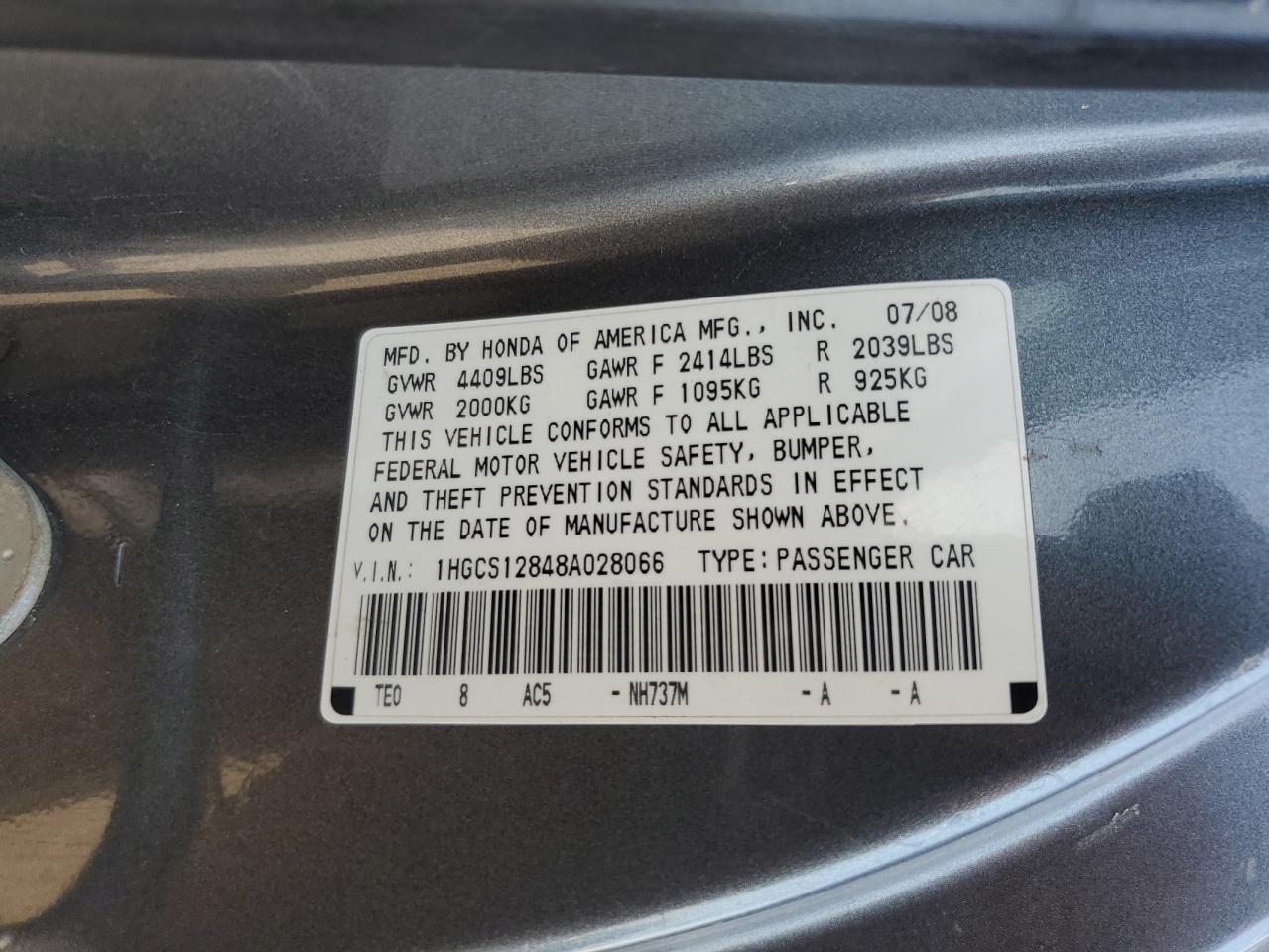 1HGCS12848A028066 2008 Honda Accord Exl