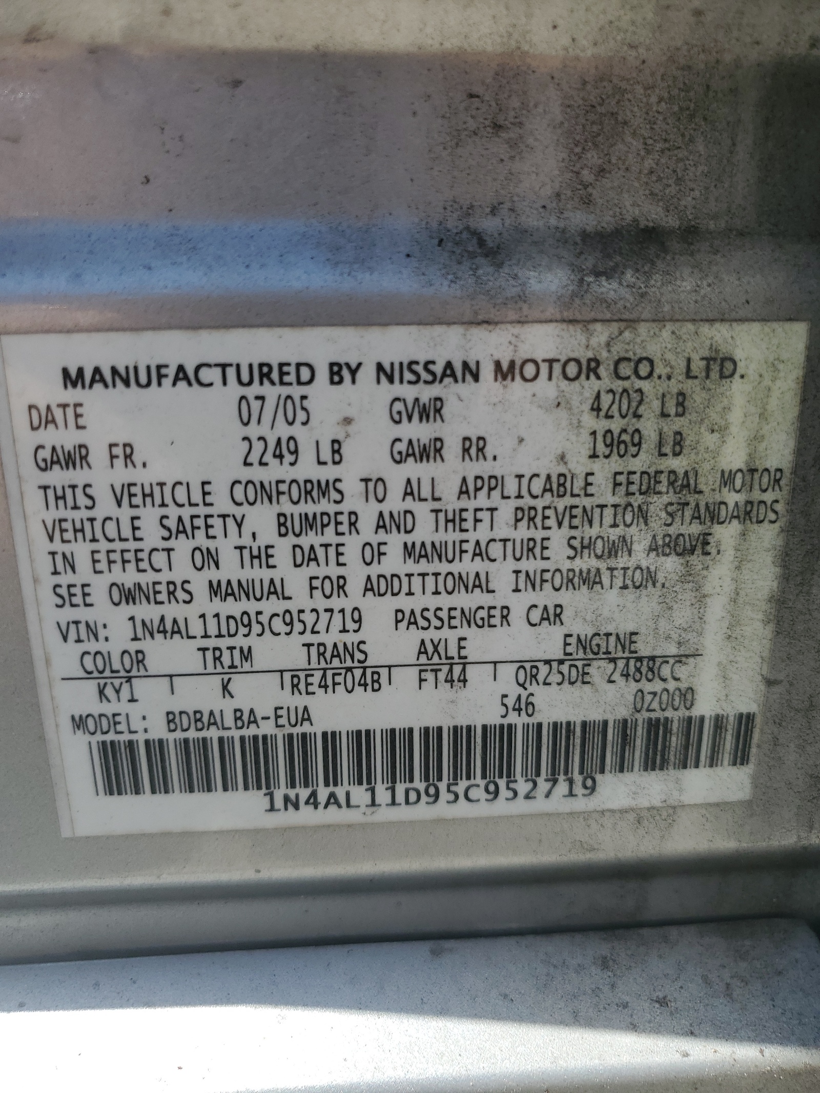 1N4AL11D95C952719 2005 Nissan Altima S