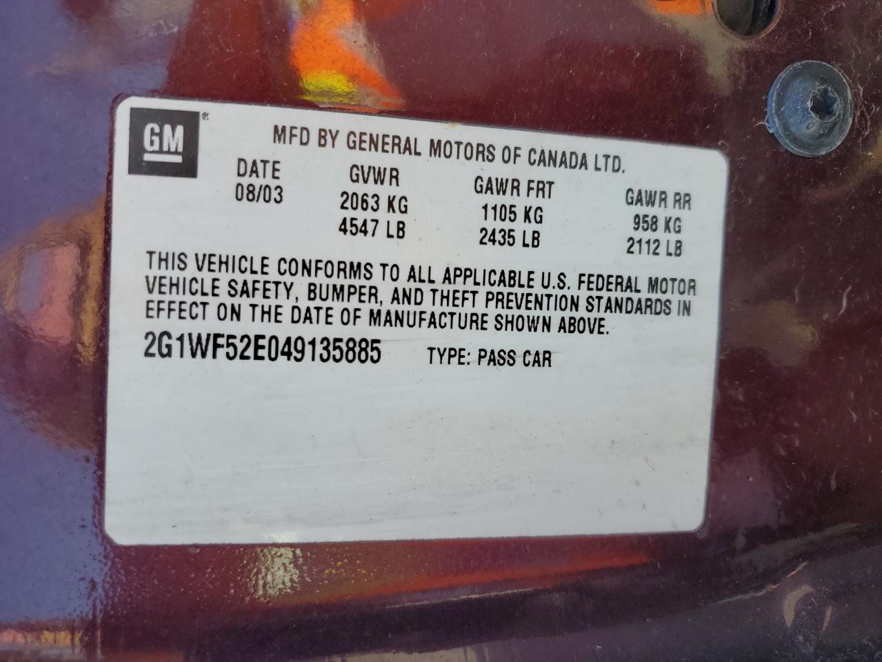 2004 Chevrolet Impala VIN: 2G1WF52E049135885 Lot: 63554804