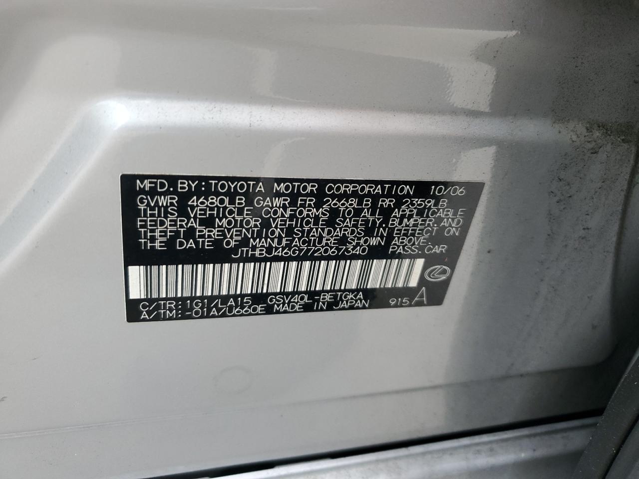 2007 Lexus Es 350 VIN: JTHBJ46G772067340 Lot: 64369384