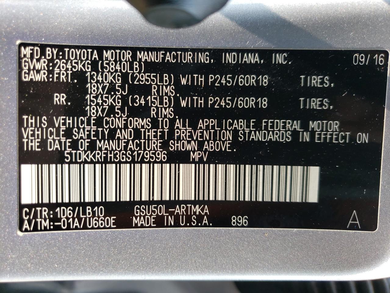 2016 Toyota Highlander Xle VIN: 5TDKKRFH3GS179596 Lot: 64046574