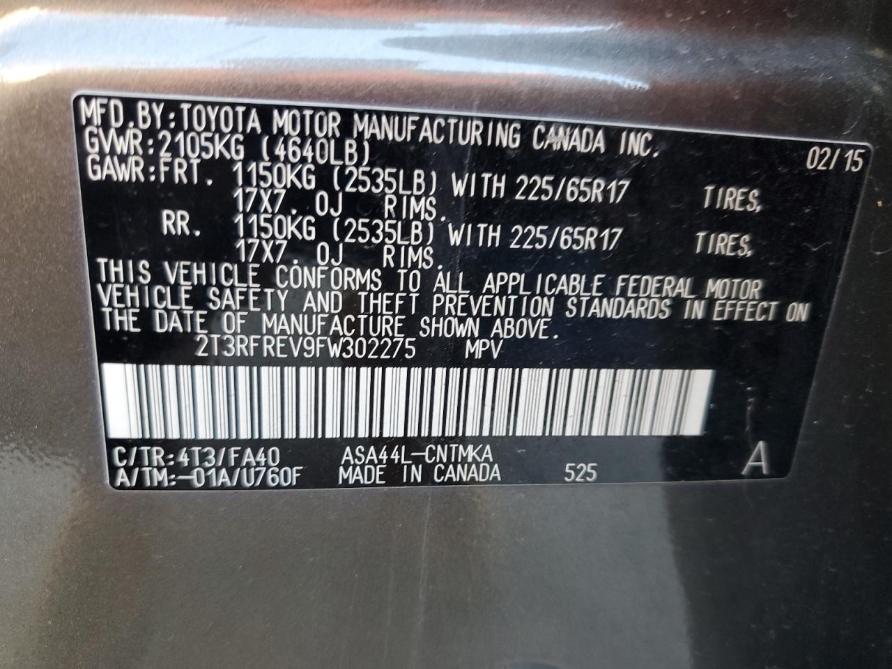 2015 Toyota Rav4 Xle VIN: 2T3RFREV9FW302275 Lot: 63270714