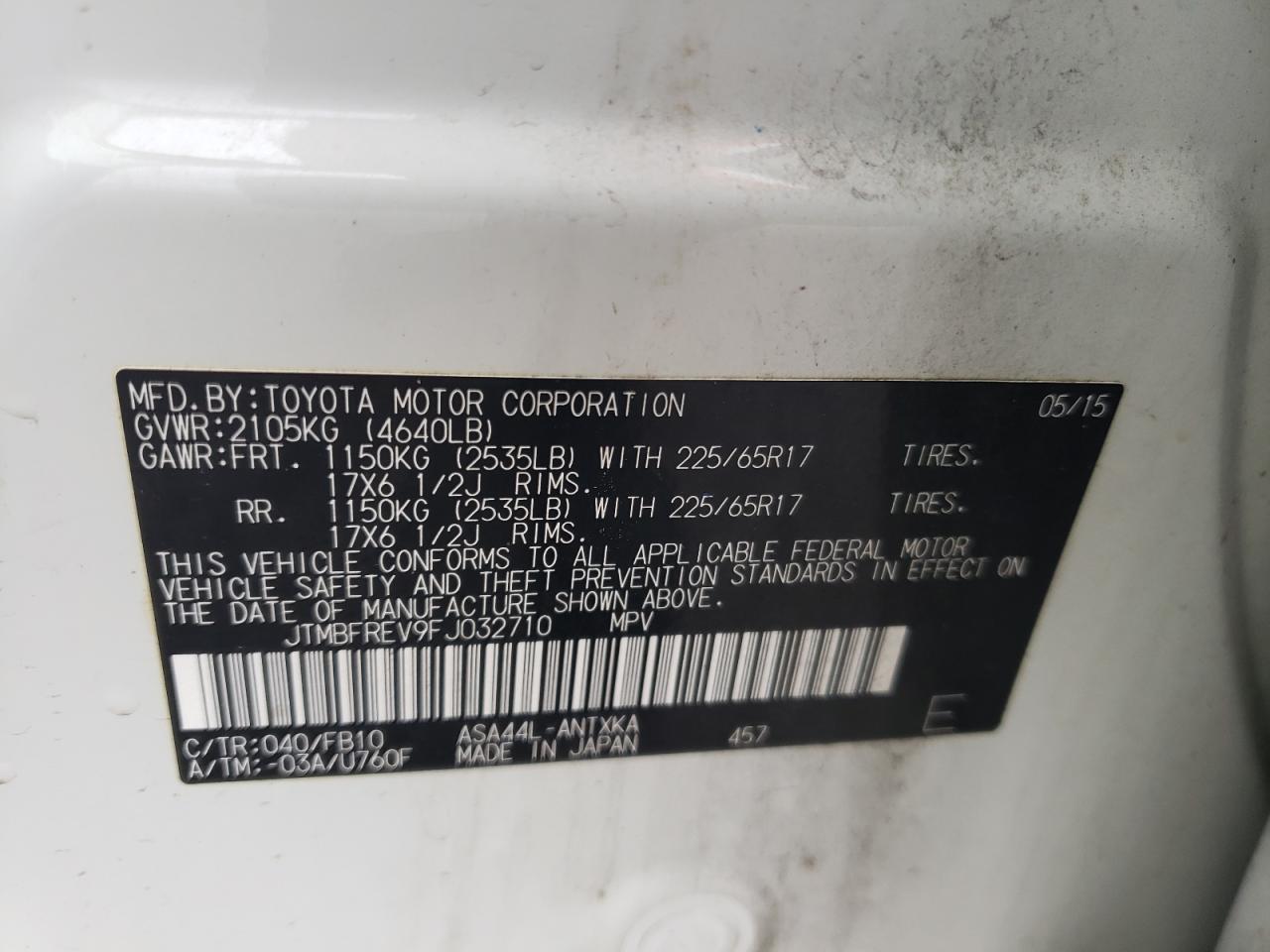 2015 Toyota Rav4 Le VIN: JTMBFREV9FJ032710 Lot: 64969714