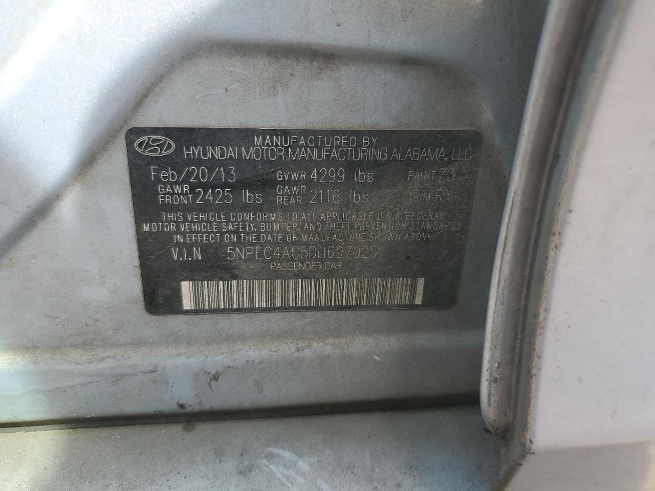 2013 Hyundai Sonata Se VIN: 5NPEC4AC5DH697025 Lot: 62796094