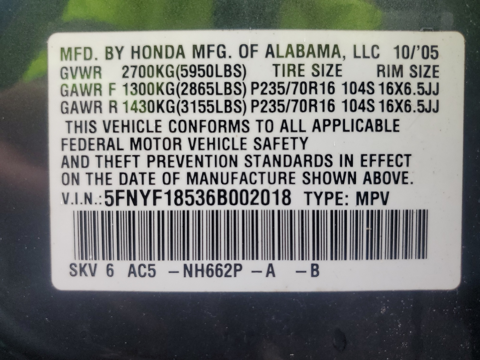 5FNYF18536B002018 2006 Honda Pilot Ex