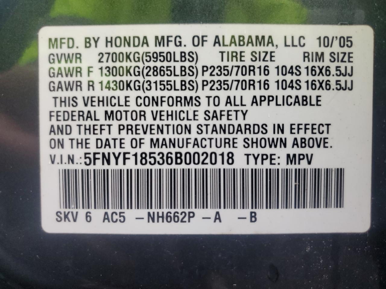2006 Honda Pilot Ex VIN: 5FNYF18536B002018 Lot: 64048544