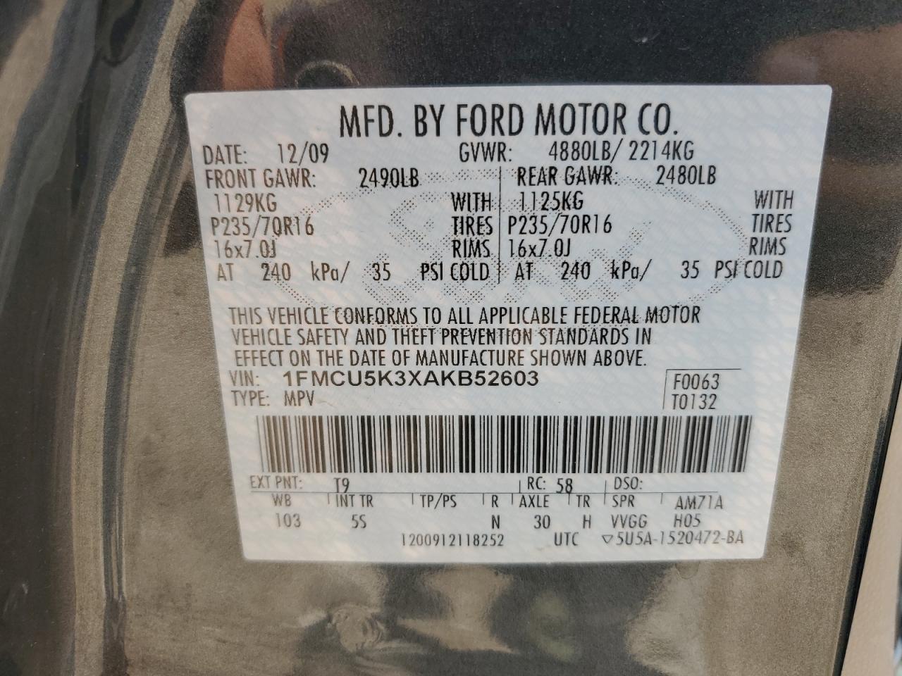 2010 Ford Escape Hybrid VIN: 1FMCU5K3XAKB52603 Lot: 65162114