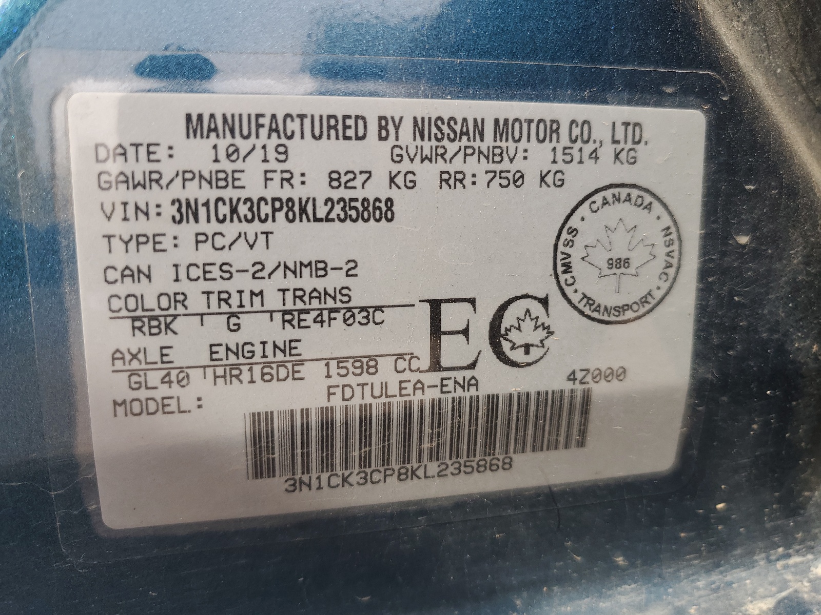 3N1CK3CP8KL235868 2019 Nissan Micra