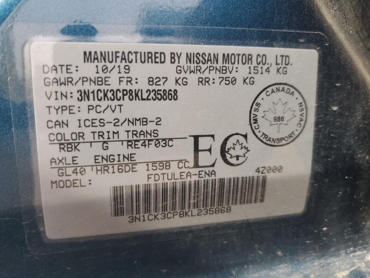 2019 Nissan Micra VIN: 3N1CK3CP8KL235868 Lot: 61945594