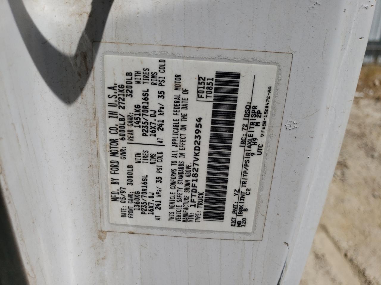 1997 Ford F150 VIN: 1FTDF1827VKD23954 Lot: 62368494