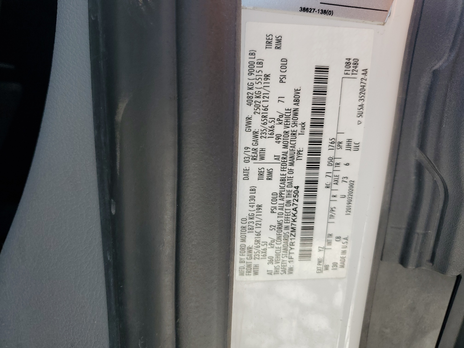 1FTYR1ZM7KKA72504 2019 Ford Transit T-250