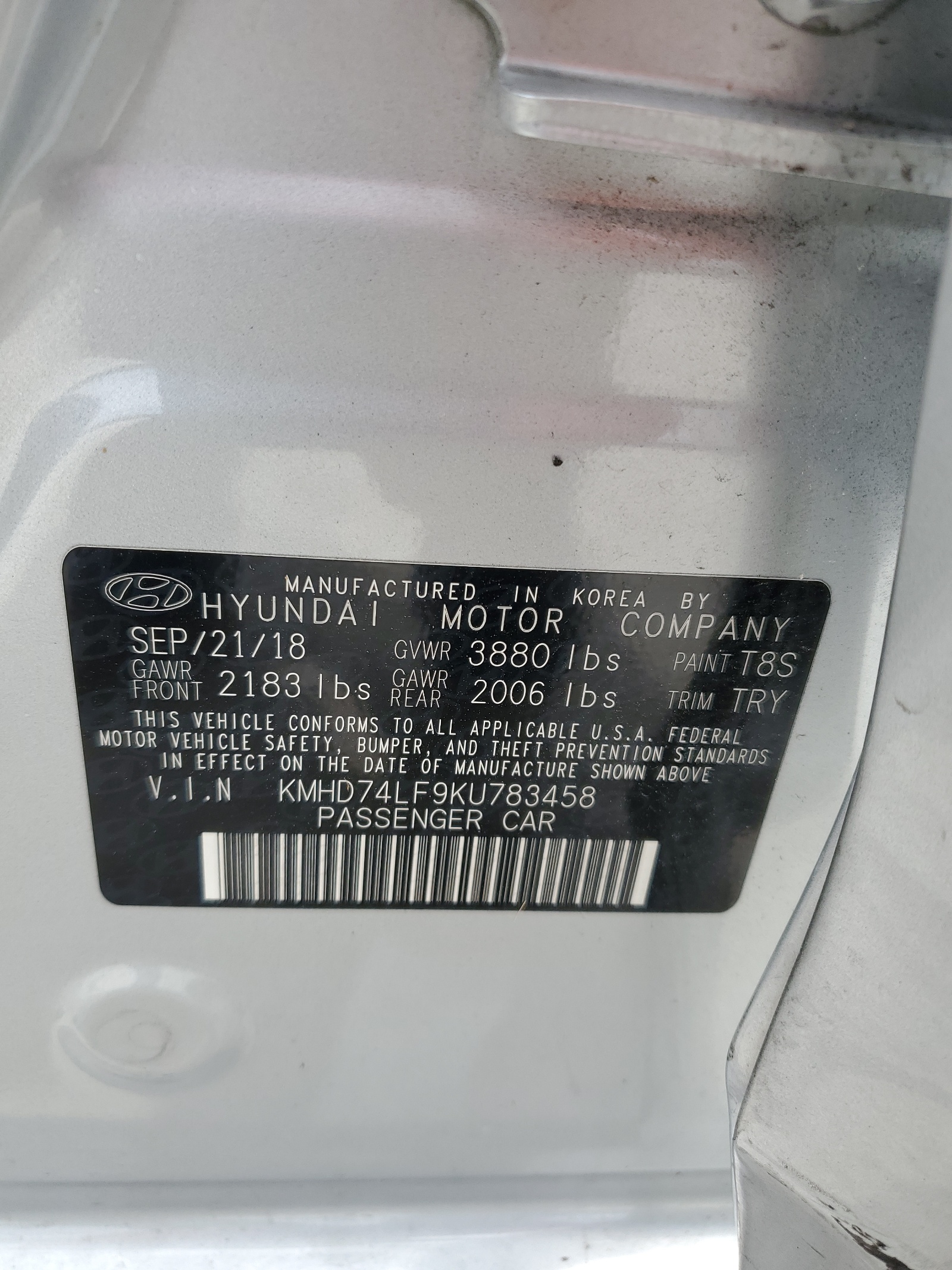 KMHD74LF9KU783458 2019 Hyundai Elantra Se