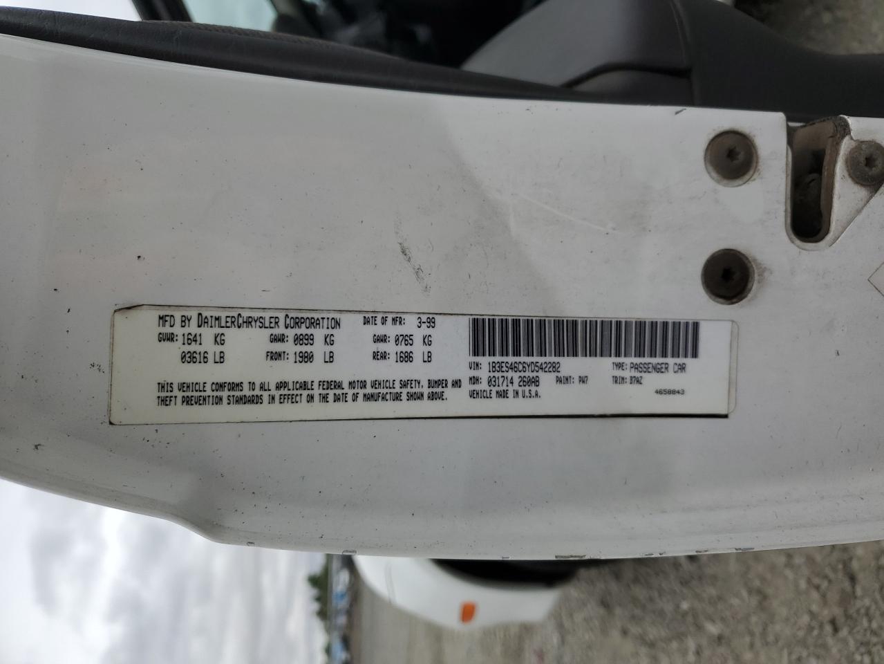 2000 Dodge Neon Base VIN: 1B3ES46C6YD542282 Lot: 65425874