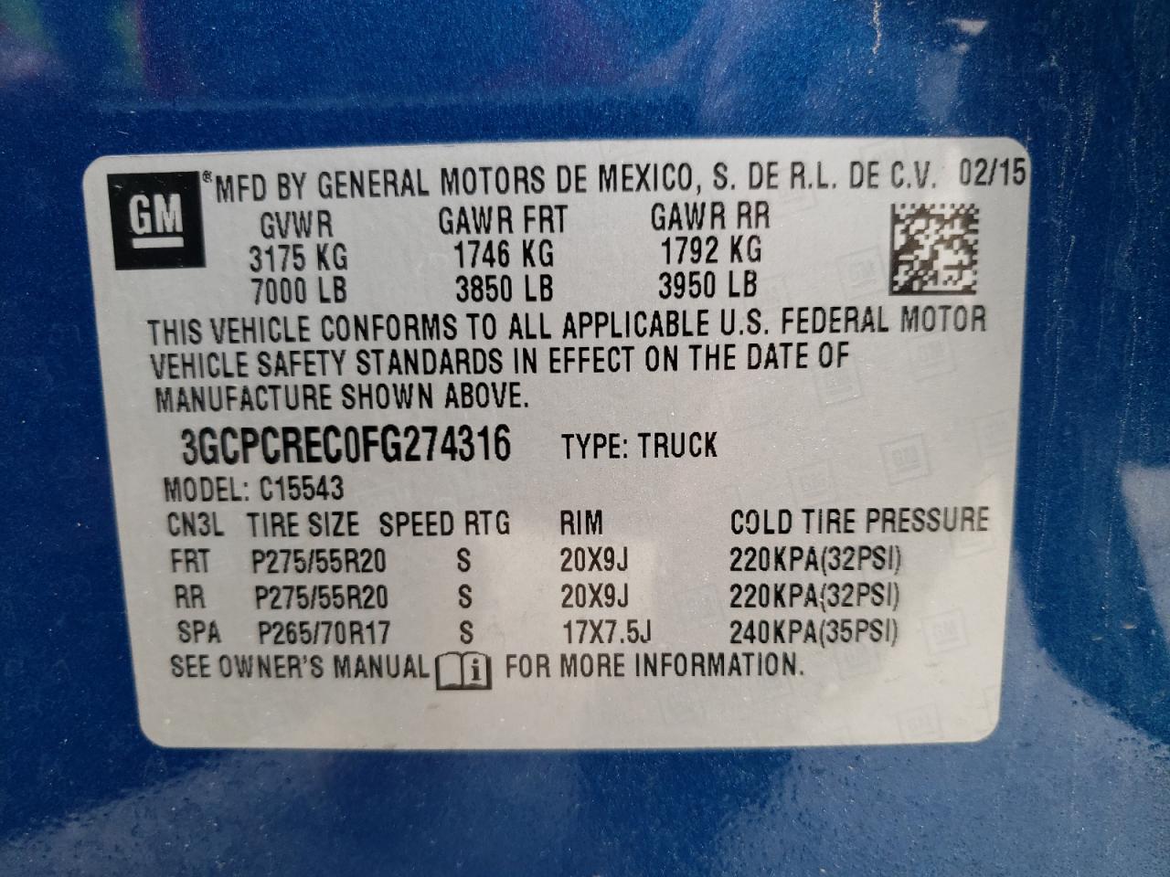 3GCPCREC0FG274316 2015 Chevrolet Silverado C1500 Lt