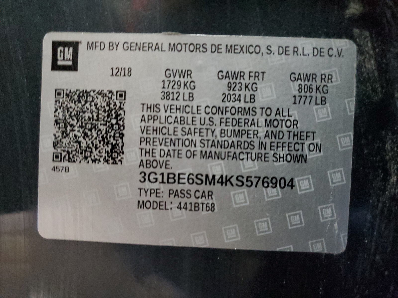 2019 Chevrolet Cruze Lt vin: 3G1BE6SM4KS576904