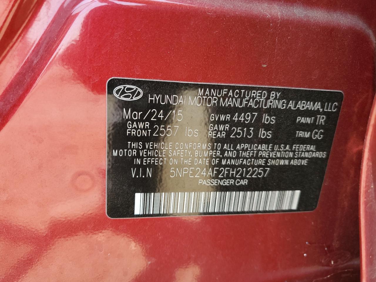 2015 Hyundai Sonata Se VIN: 5NPE24AF2FH212257 Lot: 64248044