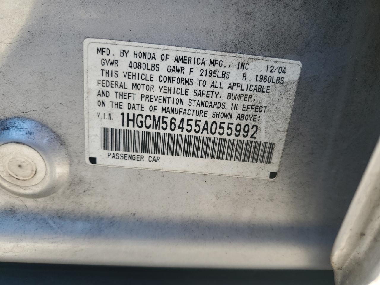 2005 Honda Accord Lx VIN: 1HGCM56455A055992 Lot: 63811954