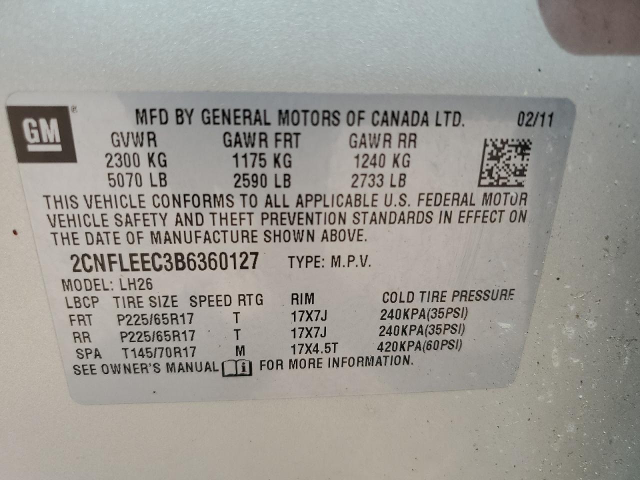 2CNFLEEC3B6360127 2011 Chevrolet Equinox Lt